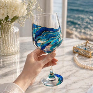 Handmade Ocean Wave Cloisonné Enamel Wine Glass, Blue Coastal Goblet, Beach Decor