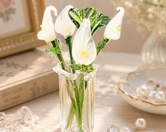 Handmade Glass Calla Lily Bouquet, Miniature Keepsake Decor, Wedding Bridal Gift