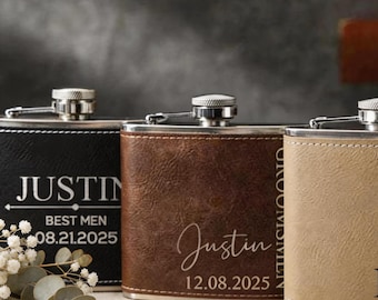Personalized Leather Flask, Engraved Stainless Steel Hip Whiskey Gift