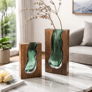 Handmade Wood and Glass Vase, Sculptural Bud Vase, Modern Rustic Decor