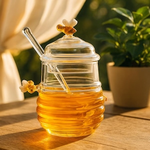 May include: A clear glass honey pot filled with golden honey. The pot has a lid and a spoon, both made of glass. The lid and the side of the pot are decorated with small bee figurines. The honey pot is sitting on a wooden surface.