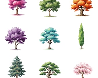 Pacchetto PNG di alberi, pacchetto clipart di alberi ad acquerello, clipart di alberi colorati, sublimazione, album di ritagli, decorazioni naturali, download digitale