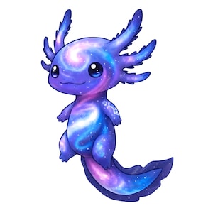 Op de afbeelding: Een cartoon illustratie van een axolotl met een galaxy design. De axolotl is voornamelijk blauw, paars en wit, met een wervelend galaxy patroon. Het heeft grote, donkere ogen en veervormige kieuwen.