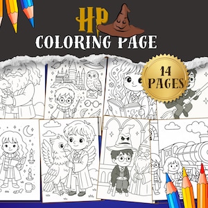 以下が含まれることがあります： 人気ファンタジーシリーズのキャラクターやシーンのイラストが描かれた、14ページの塗り絵のコレクションです。色鉛筆と「COLORING PAGE」の文字が表示されています。