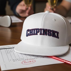 May include: A white baseball cap with the name "CHIPINSKI" embroidered in blue and red lettering. The cap rests on a score sheet with a red pencil and the word "Birdie" circled. Golf-themed.