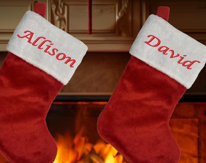 Featured listing image: Personalized Embroidered Christmas Stocking: Classic Plush Red Decor