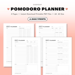 Puede incluir: Un conjunto de cuatro páginas de planificador diario imprimibles con un diseño minimalista. Las páginas son blancas con texto negro e incluyen secciones para tareas, objetivos y seguimiento del tiempo. El texto de la imagen dice "POMODORO PLANNER" y "DAILY PLANNER".