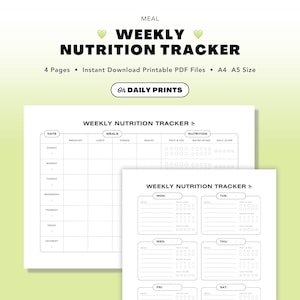 May include: A white printable weekly nutrition tracker with a light green background. The tracker includes sections for meals, fruit & veg, water intake, and daily score. The text "WEEKLY NUTRITION TRACKER" is at the top.