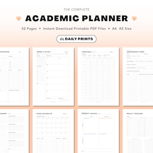 Może przedstawiać: Kompletny planer akademicki z 52 stronami, dostępny do natychmiastowego pobrania w formacie PDF. Planer zawiera strony z przeglądem kursu, tygodniowym planem nauki, harmonogramem, przygotowaniem do zadań, planem nauki, harmonogramem egzaminów, macierzą priorytetów i śledzeniem wyników. Dostępne formaty A4 i A5.