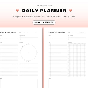 Może przedstawiać: Dwustronny planer dzienny o minimalistycznym designie. Tekst "DAILY PLANNER" jest wyświetlany pogrubioną czcionką. Planer zawiera sekcje na cele, afirmacje, zadania i harmonogram. Widoczny jest również tekst "2 Pages • Instant Download Printable PDF Files • A4 A5 Size".