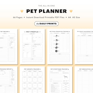 May include: A digital pet planner with templates for pet care, such as a recipe section, profile, food transition tracker, and medication log. The planner is available in A4 and A5 sizes and contains 66 pages. The text "PET PLANNER" is displayed in large, bold letters.