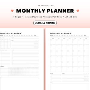 Może przedstawiać: Biały miesięczny planer o minimalistycznym designie. Planer zawiera sekcje na kalendarz, cele, listy zadań i trackery. Tekst na obrazku brzmi "MONTHLY PLANNER" i "DAILY PRINTS". Planer jest dostępny w rozmiarach A4 i A5.