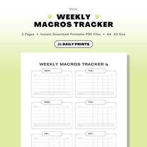 May include: A printable weekly macros tracker with a light green background. The text "WEEKLY MACROS TRACKER" is displayed in bold black font. The tracker includes sections for each day of the week, with space to record meals and nutritional information.