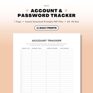 Account Tracker: Simple & Secure Password Management Log (Printable PDF Download)
