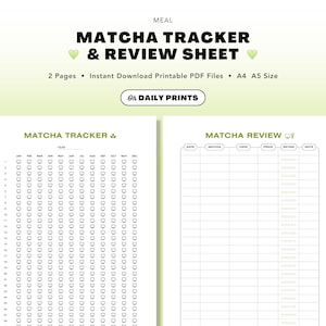 May include: A printable Matcha Tracker & Review Sheet with a light green background. The sheet includes a tracker and a review section. The text on the sheet includes "Matcha Tracker & Review Sheet", "2 Pages", and "Instant Download Printable PDF Files".