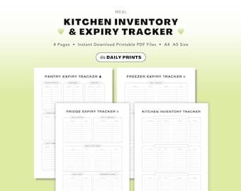 May include: A set of printable kitchen inventory and expiry trackers. The design includes four pages with sections for pantry, freezer, fridge, and general kitchen inventory. The text includes "Kitchen Inventory & Expiry Tracker" and "Daily Prints".