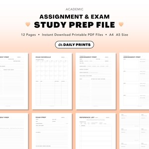 Może przedstawiać: Zestaw plików PDF do druku do przygotowania do zadań i egzaminów. Strony zawierają szablony do przygotowania zadań, harmonogramów egzaminów i list referencyjnych. Tekst na obrazku brzmi "ASSIGNMENT & EXAM STUDY PREP FILE".
