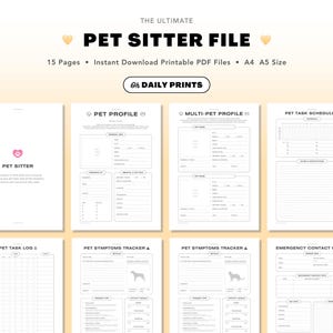Può includere: Un file stampabile per pet sitter con 15 pagine, inclusi profili di animali domestici, programmi di attività e tracker dei sintomi. Disponibile nei formati A4 e A5. Il titolo "PET SITTER FILE" è visualizzato in grassetto.