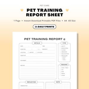 Pet Training Report Sheet: Coaching & Exercise Record for Dog Behaviour Management (Printable PDF Download)