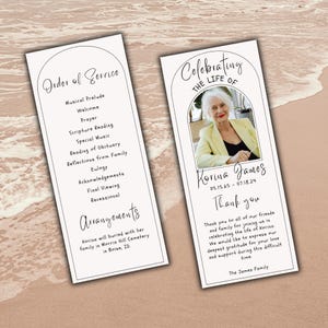 May include: Two memorial service cards against a beach backdrop. One card details an order of service. The other card features a photo of Korina James, dates, and a thank you message. The cards have an arched design.