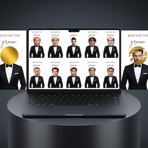 May include: A laptop displays a graphic with the text "WHO HAS THE groom" and images of men in tuxedos. The laptop sits on a dark gray cylindrical stand. The background is a gradient of dark gray.