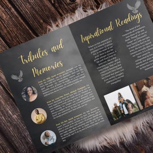 May include: A memorial booklet with gold text on a dark background. The left page reads "Tributes and Memories" with text and photos. The right page has "Inspirational Readings" with a quote and a photo. A dove graphic is present.