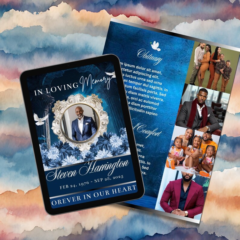 Blue Sky & Clouds Canva Funeral Program Template, Elegant Bifold