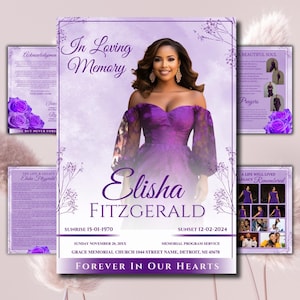 May include: A memorial program with a portrait of a woman in a purple dress. The design includes floral accents, the name "Elisha Fitzgerald", dates, and the phrase "Forever in Our Hearts".