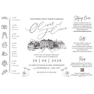May include: A wedding invitation with a classic design. The invitation features the names "Oliver and Juliana" in elegant script above a detailed illustration of a stately building. The date is August 28, 2028, with a schedule of events and RSVP information.