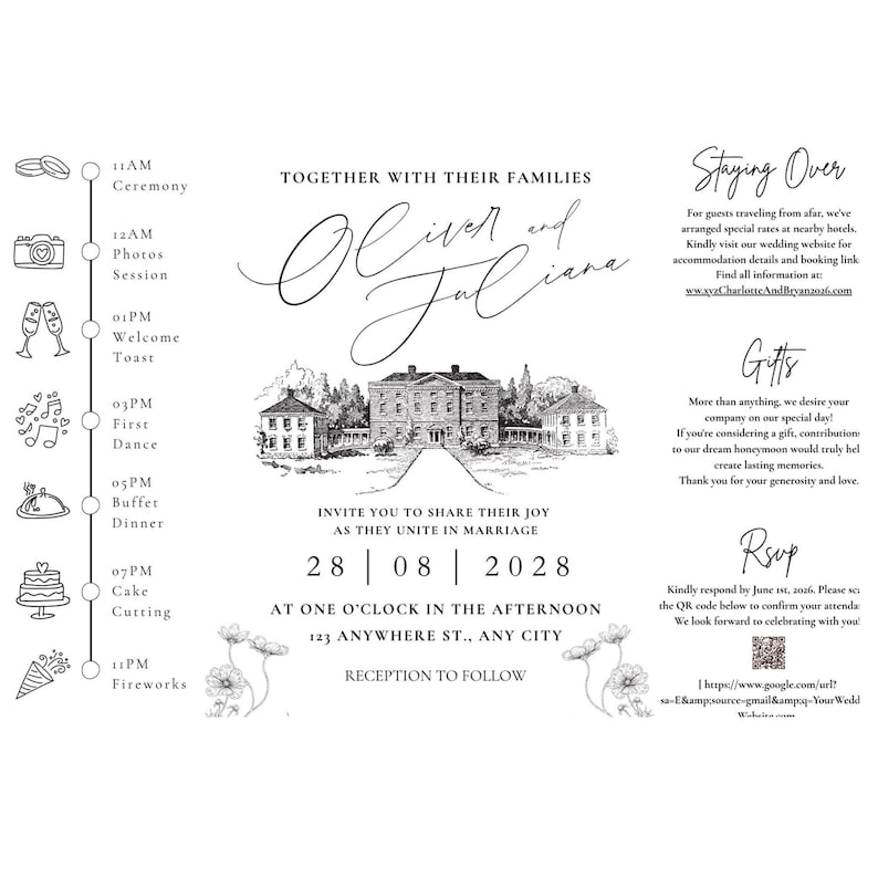 May include: A wedding invitation with a classic design. The invitation features the names "Oliver and Juliana" in elegant script above a detailed illustration of a stately building. The date is August 28, 2028, with a schedule of events and RSVP information.