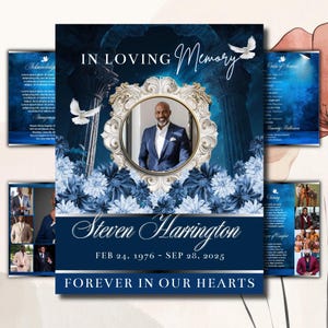 May include: A memorial service program with a portrait of a man in a blue suit, framed by a decorative border and floral accents. The text reads "In Loving Memory" and includes the name "Steven Harrington" and dates. The design features a dark blue and white color scheme.
