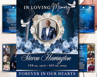 Blue Sky & Clouds Canva begrafenisprogramma sjabloon, elegante dubbelgevouwen brochure 17 x 11, 8 pagina's Celebration of Life aandenken, digitale download