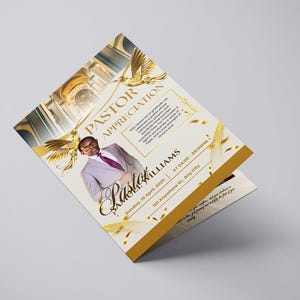 May include: A folded invitation for Pastor Appreciation. The design features a photo of a man in a suit, the text "Pastor Appreciation", and the name "Pastor Samuel Williams". Gold accents and a church image are also included.