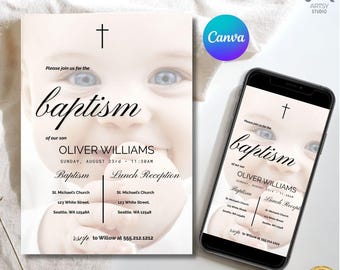 Minimalist Baptism Invitation Template, Girl Christening Invite with Photo (Instant Download Printable)