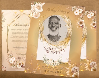 Elegant White Gold Roses Funeral Program Template (8 Pages, 8.5x11)