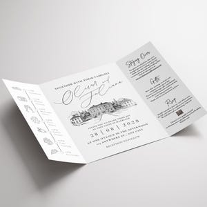 May include: A white, tri-fold wedding invitation with black text and illustrations. The invitation includes the names "Oliver and Juliana", a timeline, and details for the ceremony and reception.