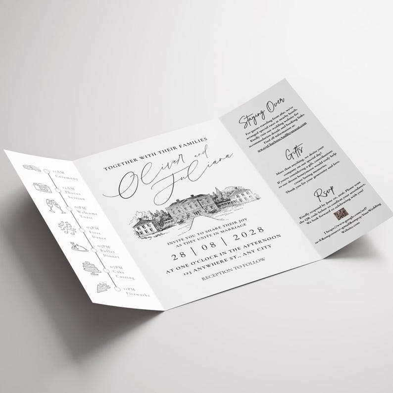 May include: A white, tri-fold wedding invitation with black text and illustrations. The invitation includes the names "Oliver and Juliana", a timeline, and details for the ceremony and reception.