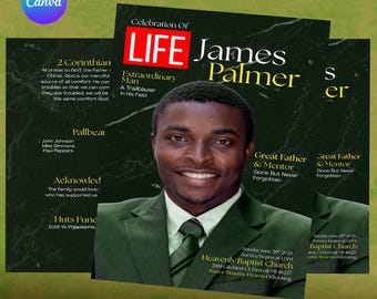 Elegant Black Funeral Program Template, Celebration of Life (8.5x11")