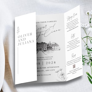 May include: A tri-fold wedding invitation with the names "Oliver and Juliana" in elegant script. The invitation features a detailed illustration of a building and includes event details such as the date, time, and location.
