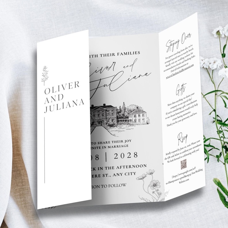May include: A tri-fold wedding invitation with the names "Oliver and Juliana" in elegant script. The invitation features a detailed illustration of a building and includes event details such as the date, time, and location.