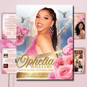 Op de afbeelding: Een herdenkingsprogramma met een portret van een vrouw, roze rozen en duiven. Het programma bevat de naam "Ophelia Williams" en data van geboorte en overlijden, samen met de tijd en locatie van de dienst.