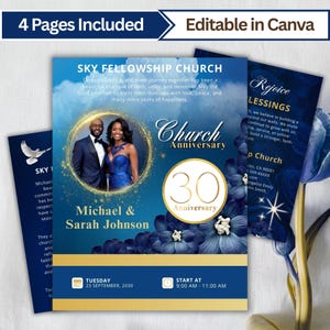 May include: A multi-page church anniversary invitation with a blue and gold color scheme. The design includes a photo of a couple, floral accents, and the text "30 Anniversary". The text "Editable in Canva" is also present.
