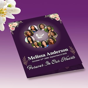 May include: A purple memorial card with a floral design and photos of several women. The card includes the name "Melissa Anderson", dates, and the phrase "Forever In Our Hearts" in white script.