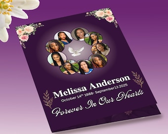 Purple Floral Funeral Program Template, Women's Memorial, Bifold Obituary (Digital Download)
