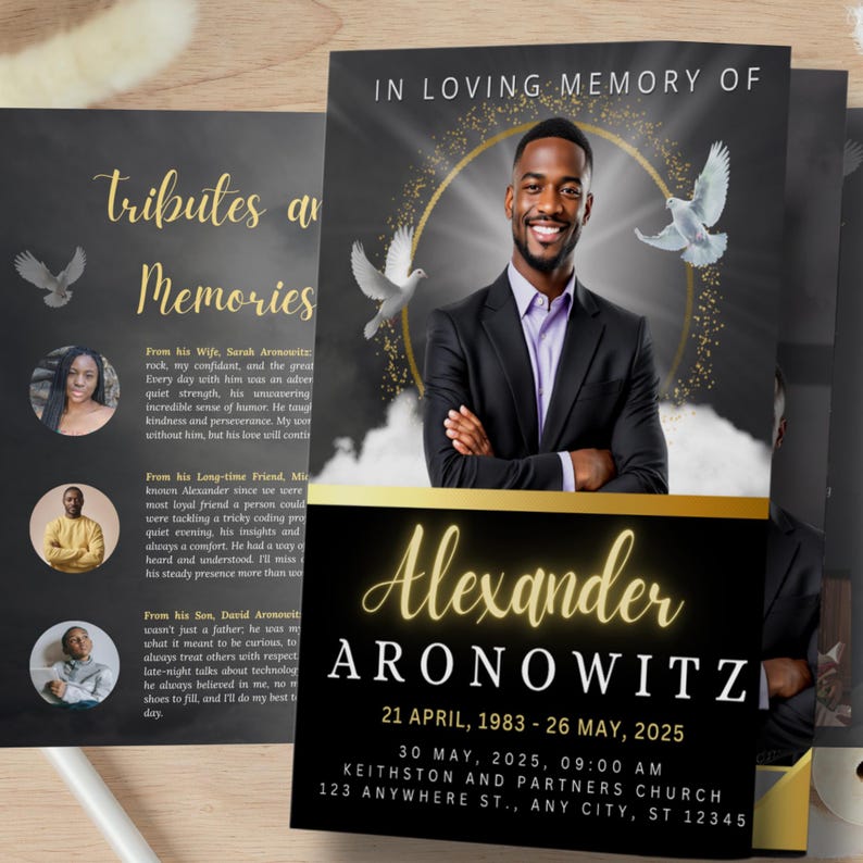 May include: A memorial card with the text "In Loving Memory of Alexander Aronowitz." The card features a photo of a smiling man in a suit, with doves and a golden design. Additional text includes dates and a location.