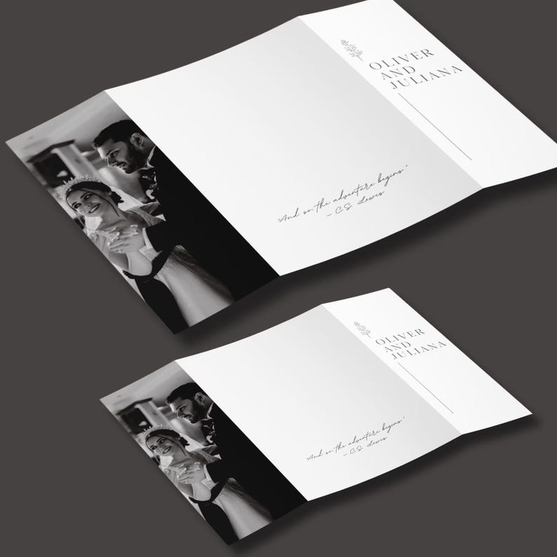 May include: Two white wedding invitation cards, folded in a trifold style, with a black and white photo of a couple dancing. The text "OLIVER AND JULIANA" is printed at the top, with the quote "And on the adventure begins." below.