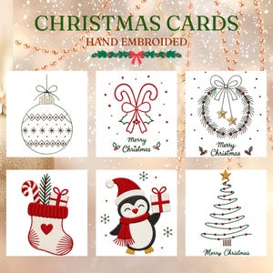 Puede incluir: Un conjunto de seis tarjetas de Navidad bordadas a mano sobre fondo blanco con diseños festivos que incluyen una bola, bastones de caramelo, corona, calcetín, pingüino y árbol. El texto CHRISTMAS CARDS HAND EMBROIDERED y Merry Christmas aparece.