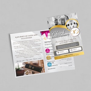May include: A brochure for a church anniversary celebration. The design features a gold and gray color scheme with the text "Church Anniversary" and "30" prominently displayed. The brochure includes event details and a schedule.