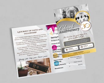 Può includere: Opuscolo per una celebrazione dell'anniversario della chiesa. Il design presenta una combinazione di colori oro e grigio con il testo "Anniversario della Chiesa" e "30" in evidenza. L'opuscolo include i dettagli dell'evento e un programma.