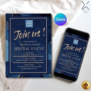 May include: A navy blue event invitation with gold accents and the text "Join us!" is displayed next to a smartphone with the same design. The invitation includes event details and RSVP information. The Canva logo is visible.